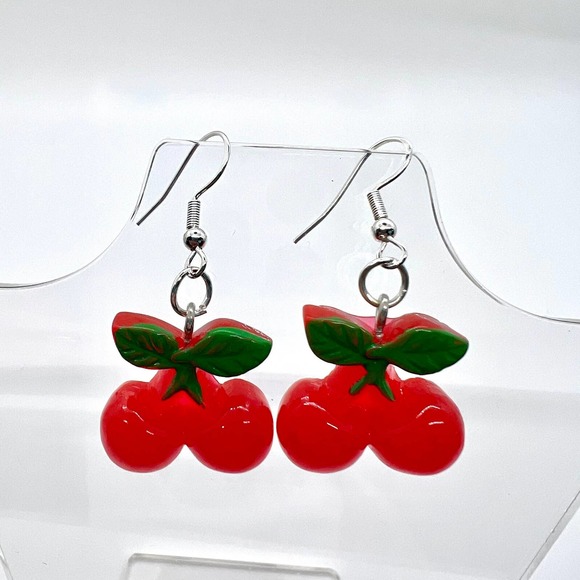 Cherry Earrings - Fruit Earrings - Red Cherries Summer Earrings - Picture 1 of 8